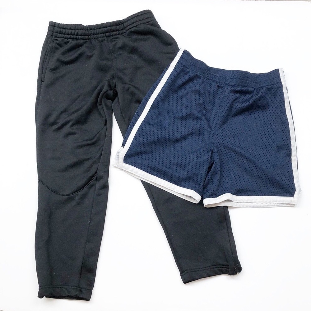Tek Gear black sweatpants + Athletech navy mesh shorts